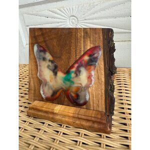 Vintage 70s Candle Votive Holder Live Edge Wood Resin Butterfly Boho